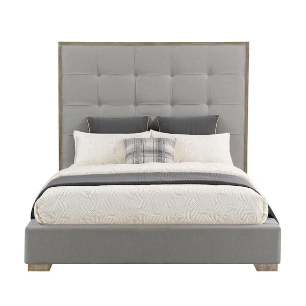 DEVON & CLAIRE Remi Gray Wood Frame King Size Platform Bed with Stain-Resistant Tufted Fabric