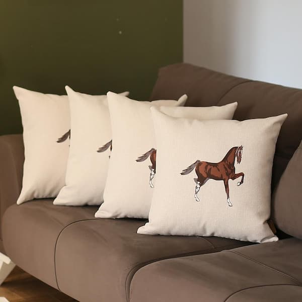 Mike&Co. New York Boho Embroidered Horse Handmade Set of 4 Throw Pillow 12 x 20 Vegan Faux Leather Solid Beige & Brown Lumbar for Couch, Bedding 