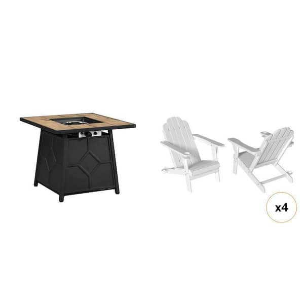 30 in. Brown 40000 BTU Gas Fire Pit and White Composite Adirondack Chair with Cup Holder Combo (Set of 1)
