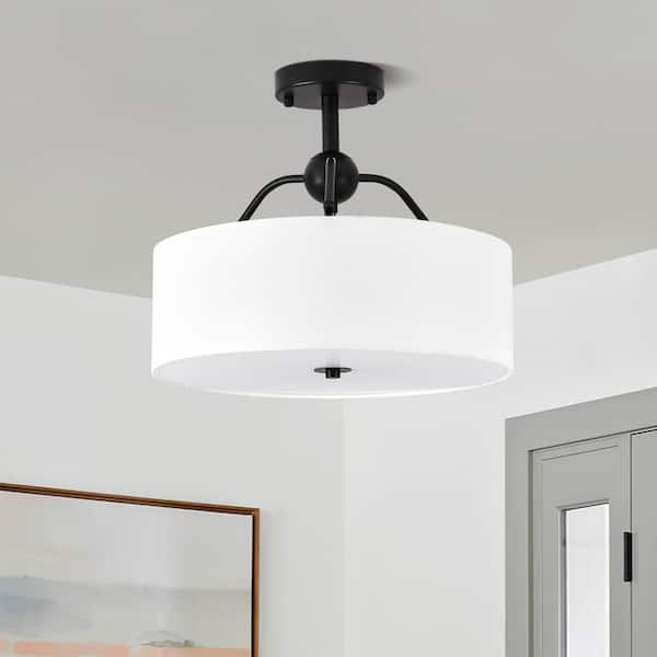 Modern 15 in. 3-Light Matte Black Dimmable Semi-Flush Mount Ceiling Light with White Drum Fabric Shade