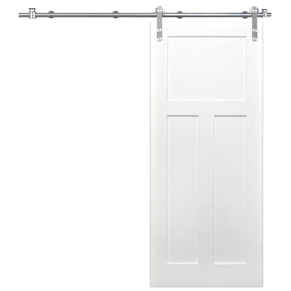 36 in. x 80 in. Shaker 3-Panel Primed Pine Interior Sliding Barn Door with Round Stainless Steel Hardware Kit