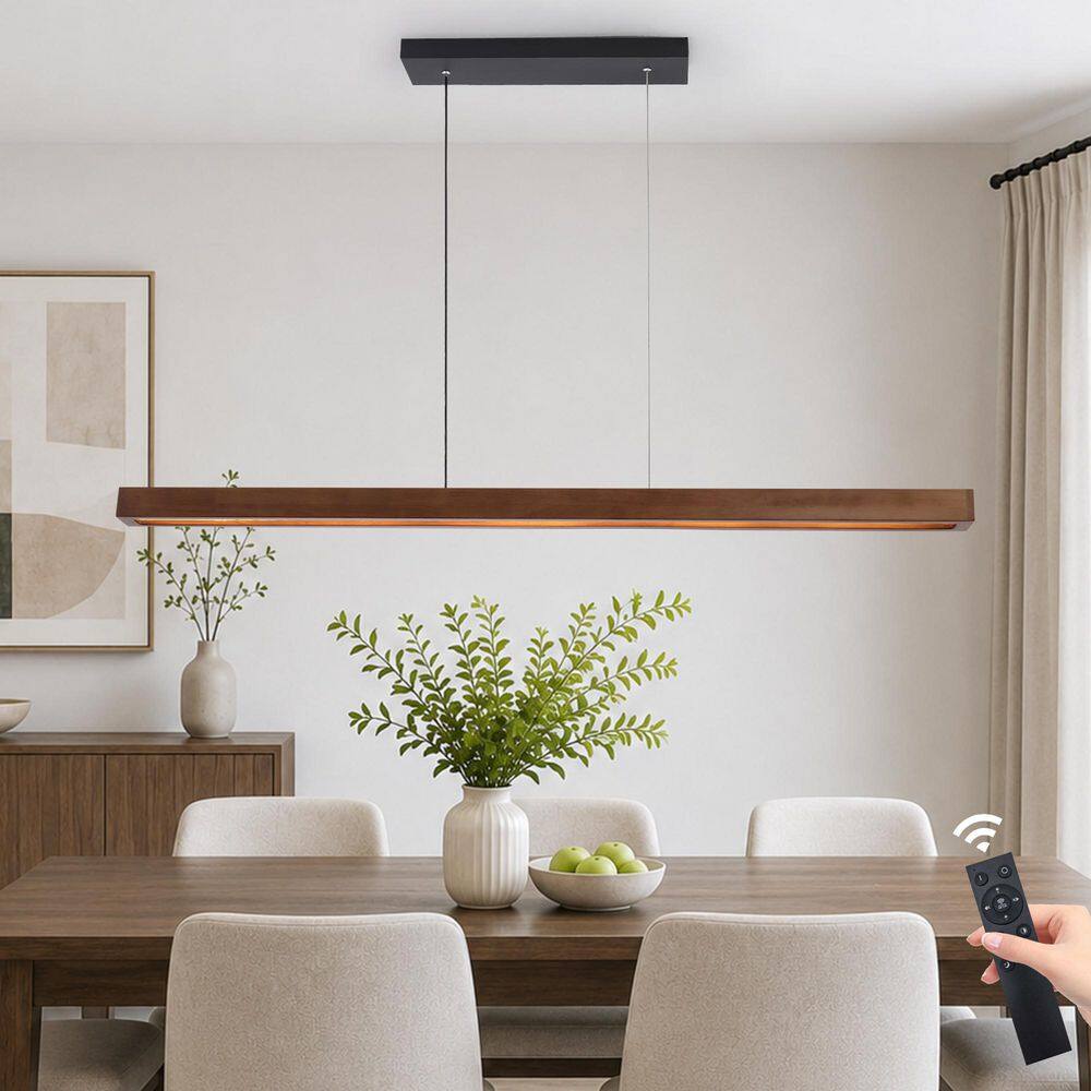 50 in. 33 Watt Modern Walnut Wood Dimmable Integrated LED Pendant Light with White Acrylic Shade and Remote for Kitchen