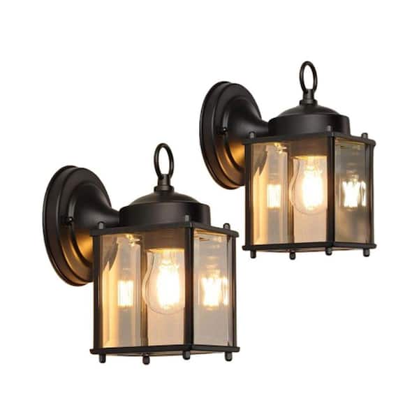Outdoor Black Waterproof Wall Lamp with Clear Beveled Glass Shade, 2 Pack