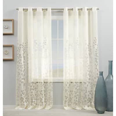 Wilshire Ivory Leaf Cotton Blend 54 in. W x 108 in. L Grommet Top, Sheer Curtain Panel (Set of 2)