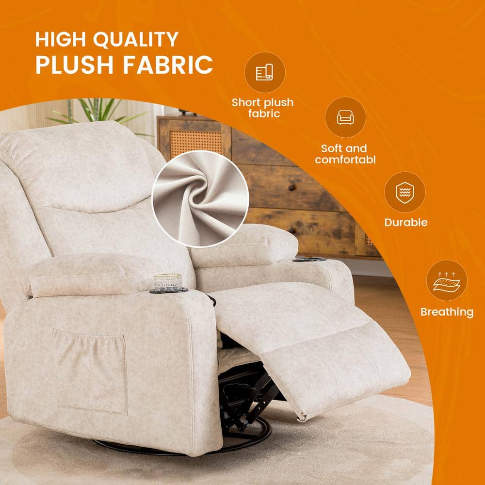 Cream White Fabric Swivel Recliner with Massage and Heat