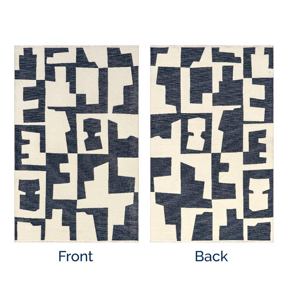 Viktoria Navy and White Geometric Reversible Washable Rug