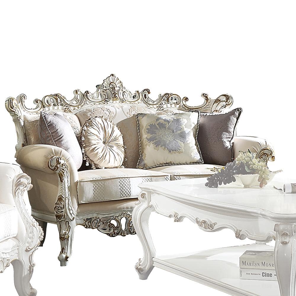 Antique Pearl Floral Tufted Fabric Loveseat with Rolled Arms