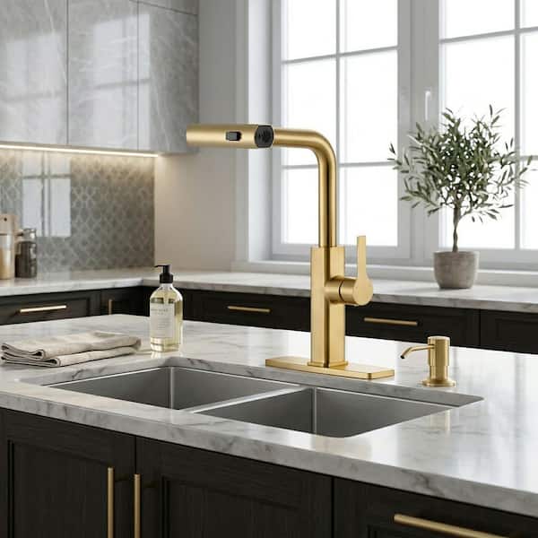 15.7 in. 360° Swivel Single Handle Stainless Steel 3-Mode Pull Down Spray Kitchen Faucet, Soap Dispenser, Brushed Gold