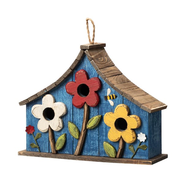 Glitzhome 15 in. L Oversized Washed Blue Distressed Solid Wood 3-Story Villa Garden Birdhouse with 3D Flowers
