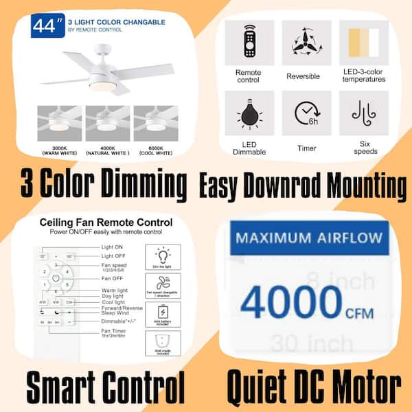 Modern Series 44 in. Smart Indoor White Low Profile Ceiling Fan with Integrated LED Lighting with Remote Included