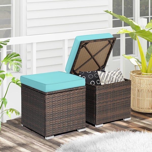 2-Piece Wicker Outdoor Patio Ottomans Hand-Woven PE Wicker Footstools with Removable Turquoise Cushions