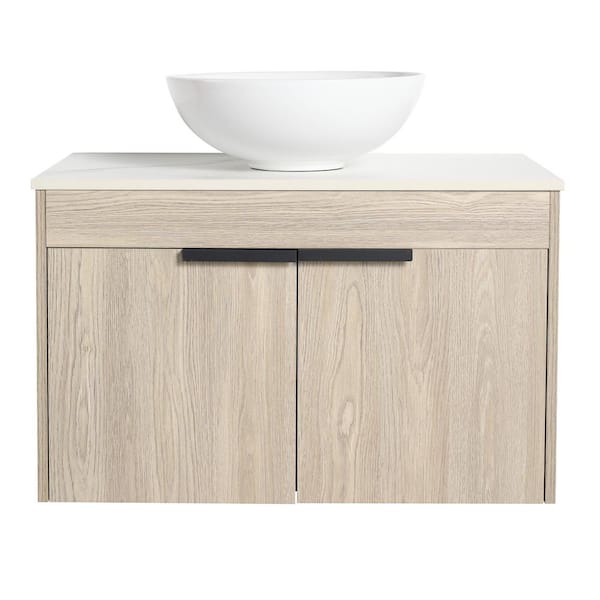 JimsMaison 30 in. W x 19 in. D x 24 in. H Wall-Mounted Bath Vanity in White Oak with White Engineered Stone Composite Top and Sink