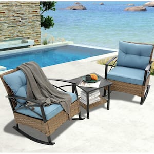 3-Piece Wicker Outdoor Bistro Set with Blue Cushions