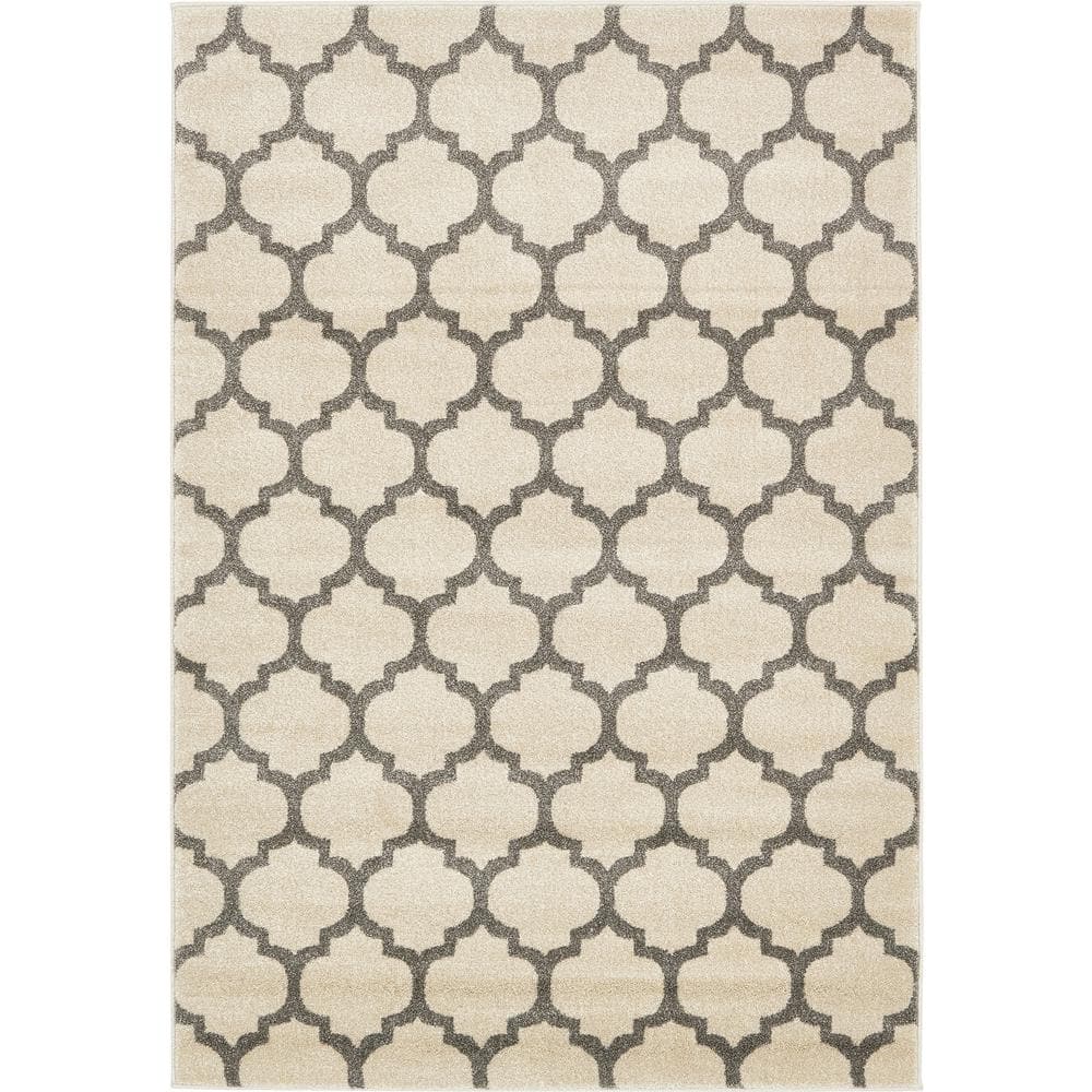 Beige and Gray Trellis Rectangular Synthetic Area Rug