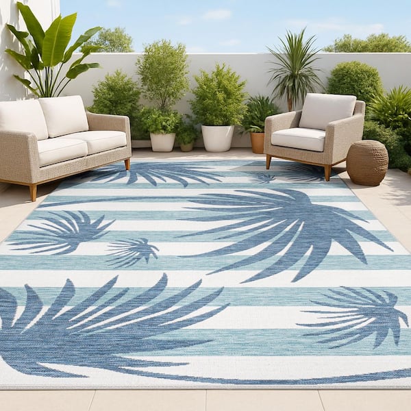 Veronica Classic Beach Stripe and Palm Leaf Navy/Cream 8 ft. x 10 ft. Indoor/Outdoor Area Rug