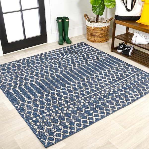 Ourika Moroccan Geometric Textured Weave Navy/Beige 5 ft. Square Indoor/Outdoor Area Rug