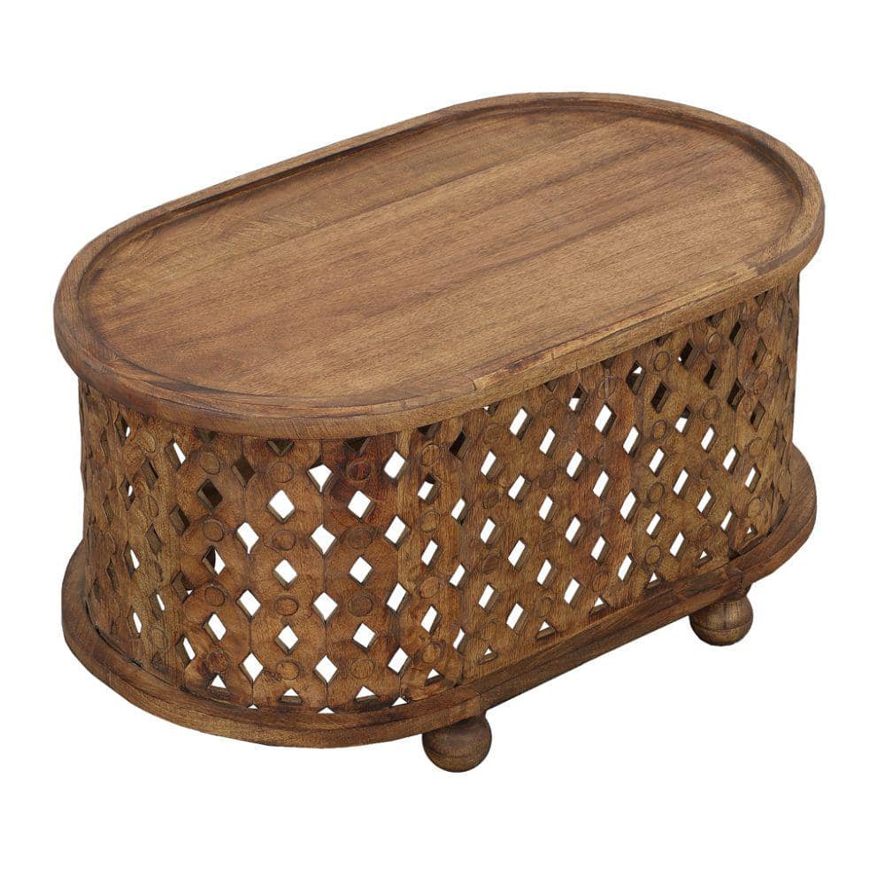 Antique Brown Oval Mango Wood Coffee Table with Cutout Design