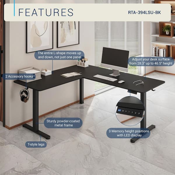 TECHNI MOBILI 63 in. Black L-Shaped Electric Standing Desk with 3