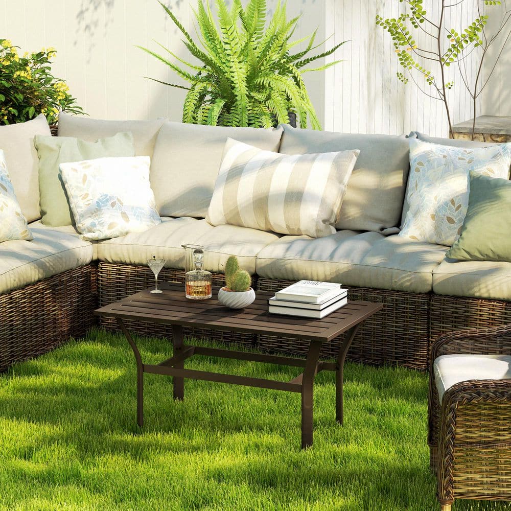 Brown Metal All-Weather Outdoor Coffee Table with Slatted Top