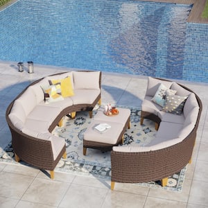 Brown Rattan Wicker 12 Seat 12-Piece Steel Outdoor Patio Conversation Set with Beige Cushions