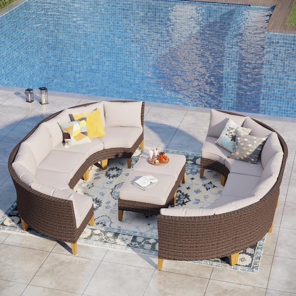 PHI VILLA Brown Rattan Wicker 12 Seat 12-Piece Steel Outdoor Patio ...