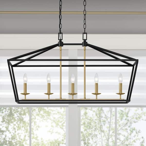 Weyburn 36 in. 5-Light Black and Gold Farmhouse Linear Chandelier Light Fixture with Caged Metal Shade