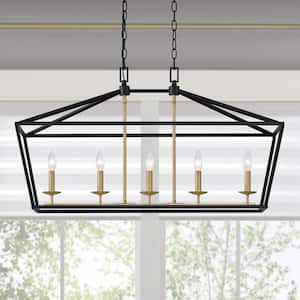 Weyburn 36 in. 5-Light Black and Gold Farmhouse Linear Chandelier Light Fixture with Caged Metal Shade