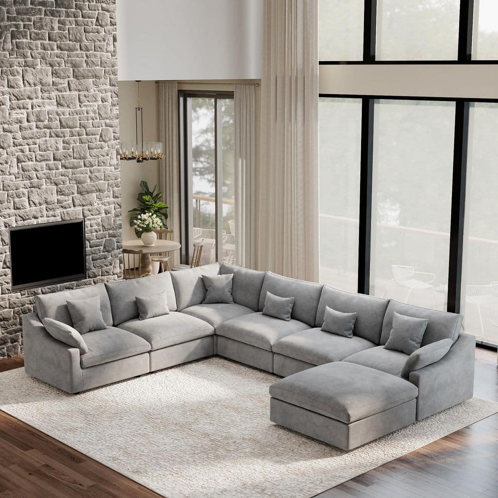 156 in. Square Arm 7-Piece Linen Oversized Down U-Shaped Modular Sectional Sofa with Deep Seats and Ottoman in Gray