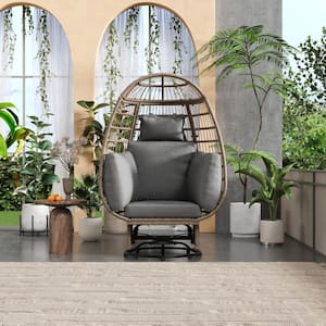 Outdoor Natural Wicker Rattan Swivel Chair Patio Swing Egg Chair with Grey Cushions