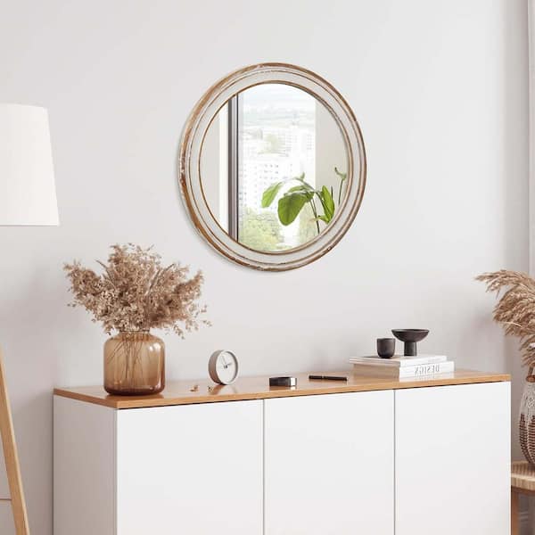 Antique Natural 27.5 in. W x 27.5 in. H Round Wooden Framed Decorative Mirror for Bedroom, Entryway, Living Room