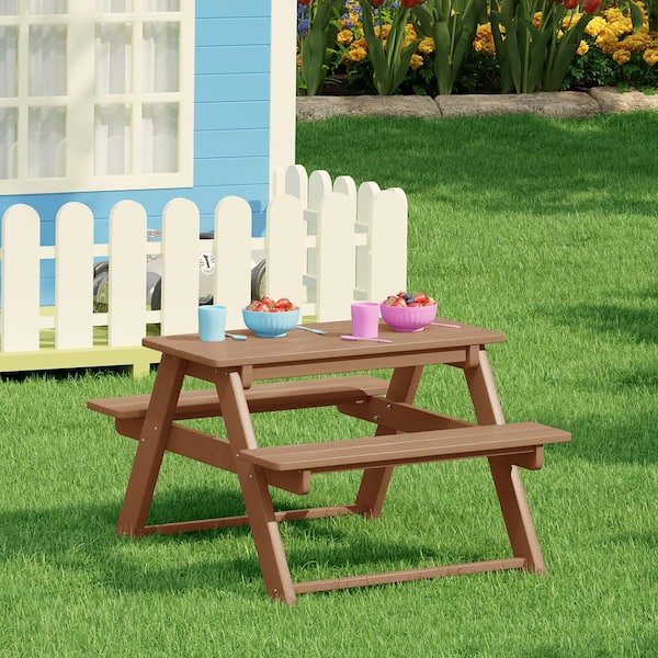 Children's Laguna Outdoor Patio All Weather Plastic 29.75 in. Rectangle Kids Picnic Play Table w/ Benches in Teak