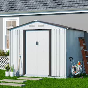 8.4 ft. W x 8.4 ft. D Outdoor Metal Storage Shed Garden Storage Tool with Sliding Door, White and Gray (70.56 sq. ft.)