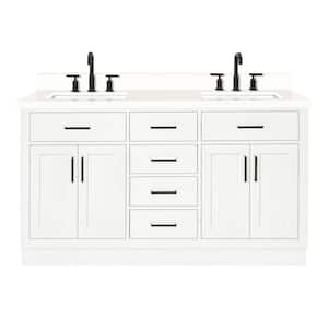 Hepburn 61 in. W x 22 in. D x 36 in. H Bath Vanity in White with Pure White Quartz Vanity Top with White Basins