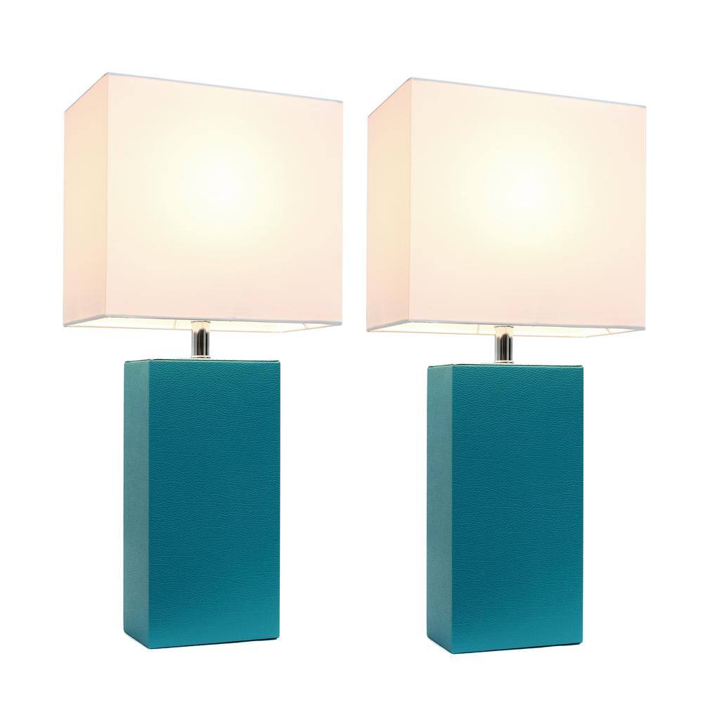 Set of 2 Teal Leather Table Lamps with White Fabric Shades