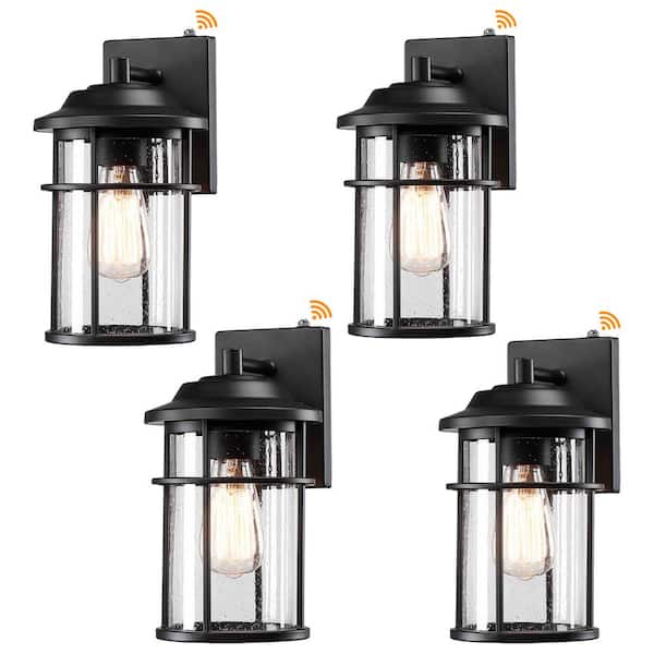 Uixe 12 in. Matte Black Hardwired Dusk to Dawn Outdoor Wall Lantern Sconce Sensor with Seeded Glass Shade (4-Pack)