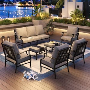 PHI VILLA Black Meshed 9-Seat 7-Piece Metal Outdoor Patio