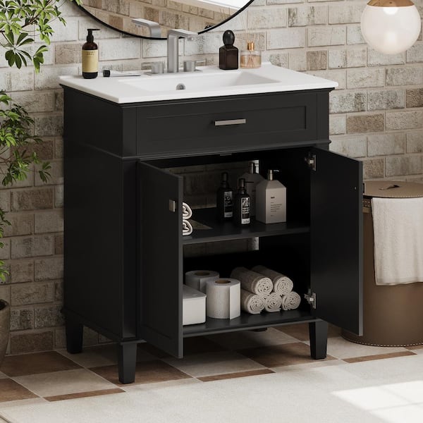 30 in. W Freestanding Bath Vanity in Black with White Ceramic Top and Sink, Adjustable Shelves