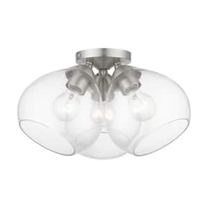 Catania 16 in. 3-Light Brushed Nickel Semi-Flush Mount with Clear Glass Shades