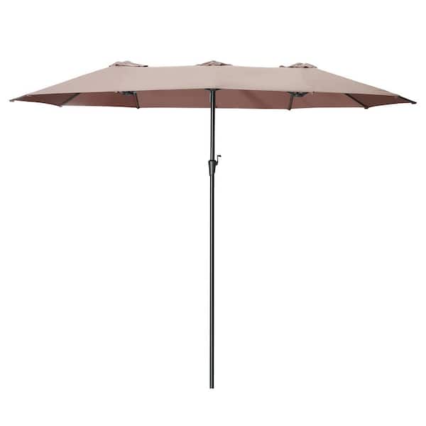 OVASTLKUY 15 ft. 3 Top Outdoor Rectangle Market Patio Umbrella with Crank in Coffee