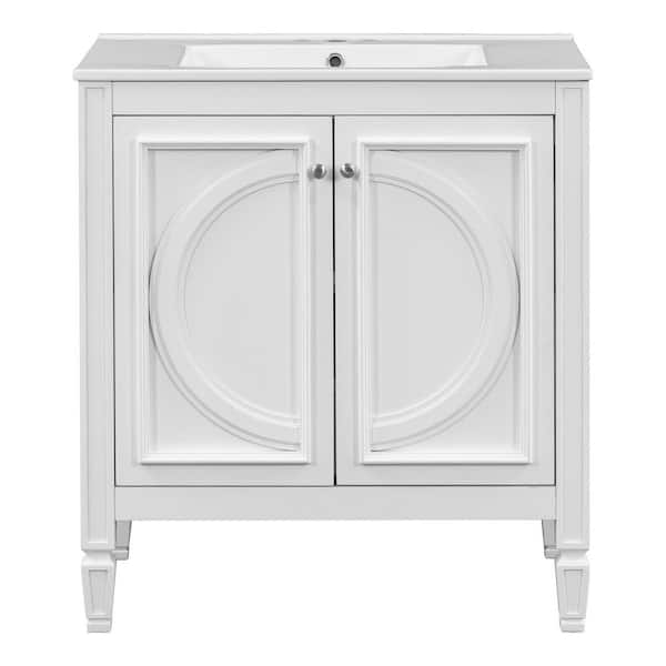 30 in. Single Sink Freestanding White Bath Vanity with White Ceramic Top, Adjustable Shelf, 2 Soft Closing Door