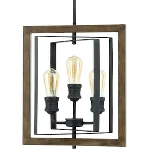 Palermo Grove 14 in. 3-Light Gilded Iron Farmhouse Kitchen Pendant with Hand Painted Walnut Accents