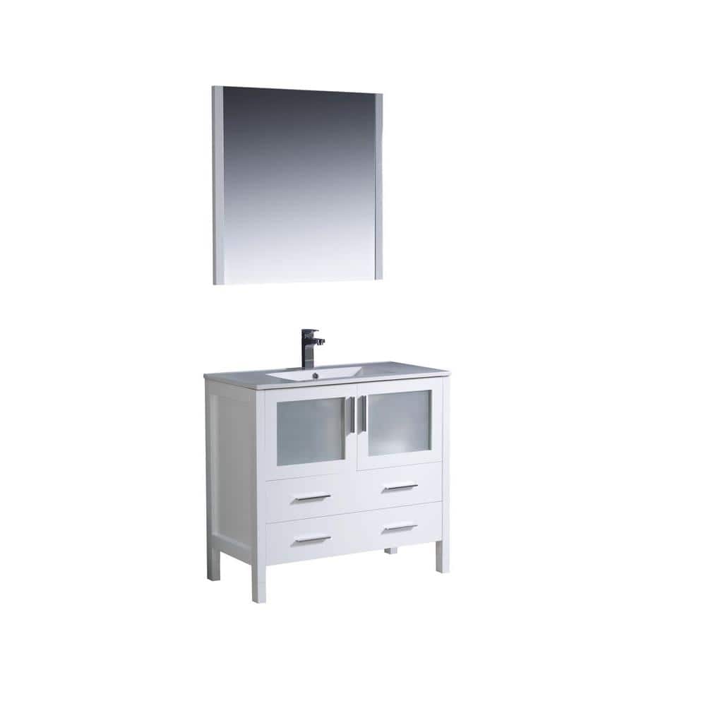 Torino 36'' White Ceramic Top Single Vanity Set with Mirror