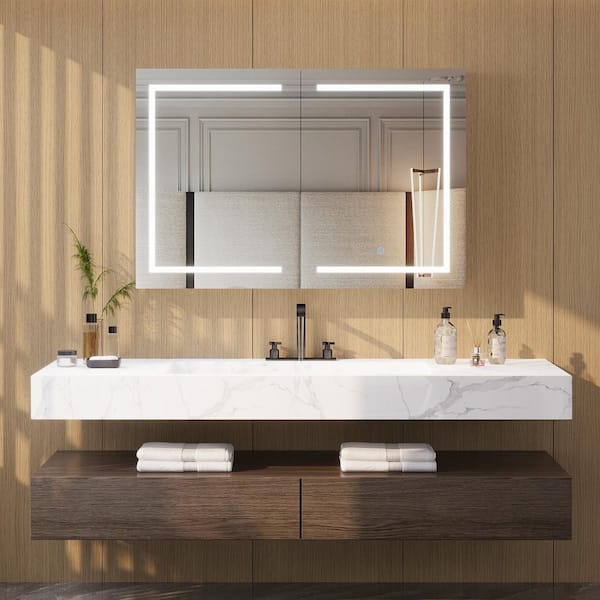 48 in. W x 32 in. H Rectangular Silver Aluminum Pre-Assembled LED Medicine Cabinet with Mirror, Anti-Fog, Surface Mount