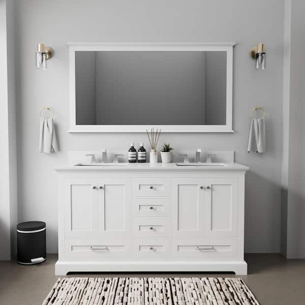 Dukes 60 in. W x 22 in. D White Double Bath Vanity, White Quartz Top, and 58 in. Mirror