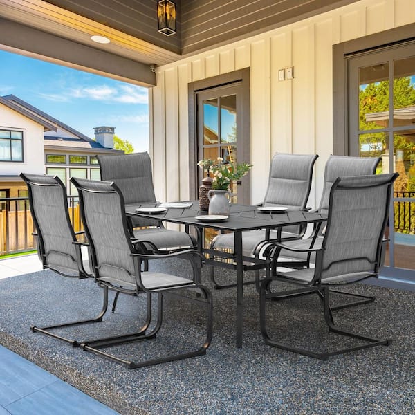 Light Gray 7-Piece Textilene and Iron Rectangle Splicing Outdoor Dining Set with 1.77 in. Umbrella Hole