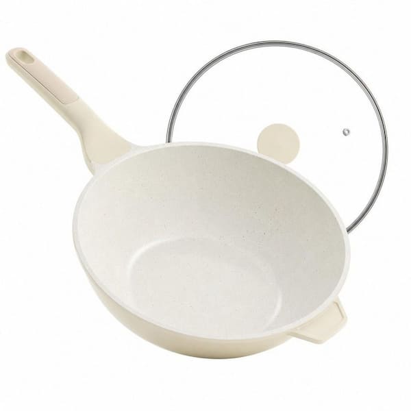 Large 11 in. Cream White Ceramic Induction Nonstick Wok with Lid, Deep Frying Pan Skillet with Stay-Cool Handles