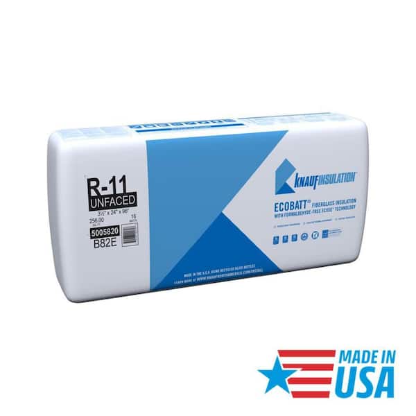 R11 Unfaced 24 in. x 96 in. Precut Fiberglass Insulation Batts for Interior Wall - Class A Fire-Rated, USA Made (1-Bag)