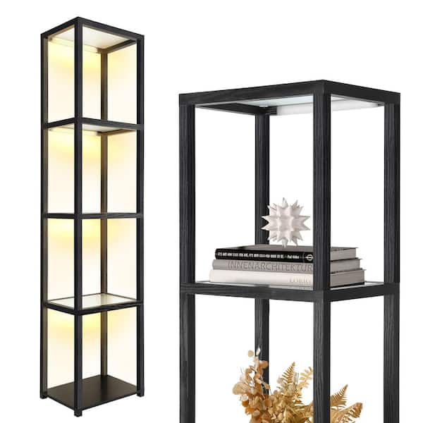 BICIK 67in. Black Modern 4-Light Dimmable LED Column Floor Lamp with Glass Shelves and Remore Control