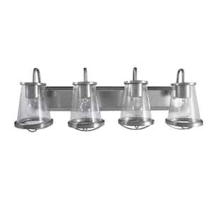 Georgina 30 in. 4-Light Brushed Nickel Industrial Rustic Vanity with Clear Seeded Glass Shades and Cage Accents