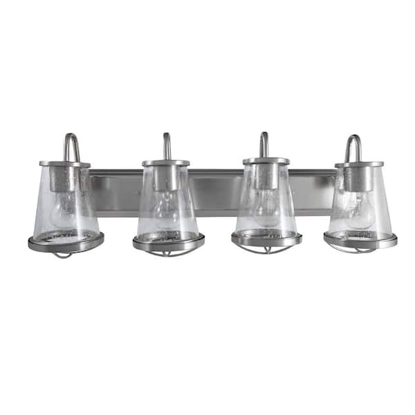 Home Decorators Collection Georgina 30 in. 4-Light Brushed Nickel Industrial Rustic Vanity with Clear Seeded Glass Shades and Cage Accents